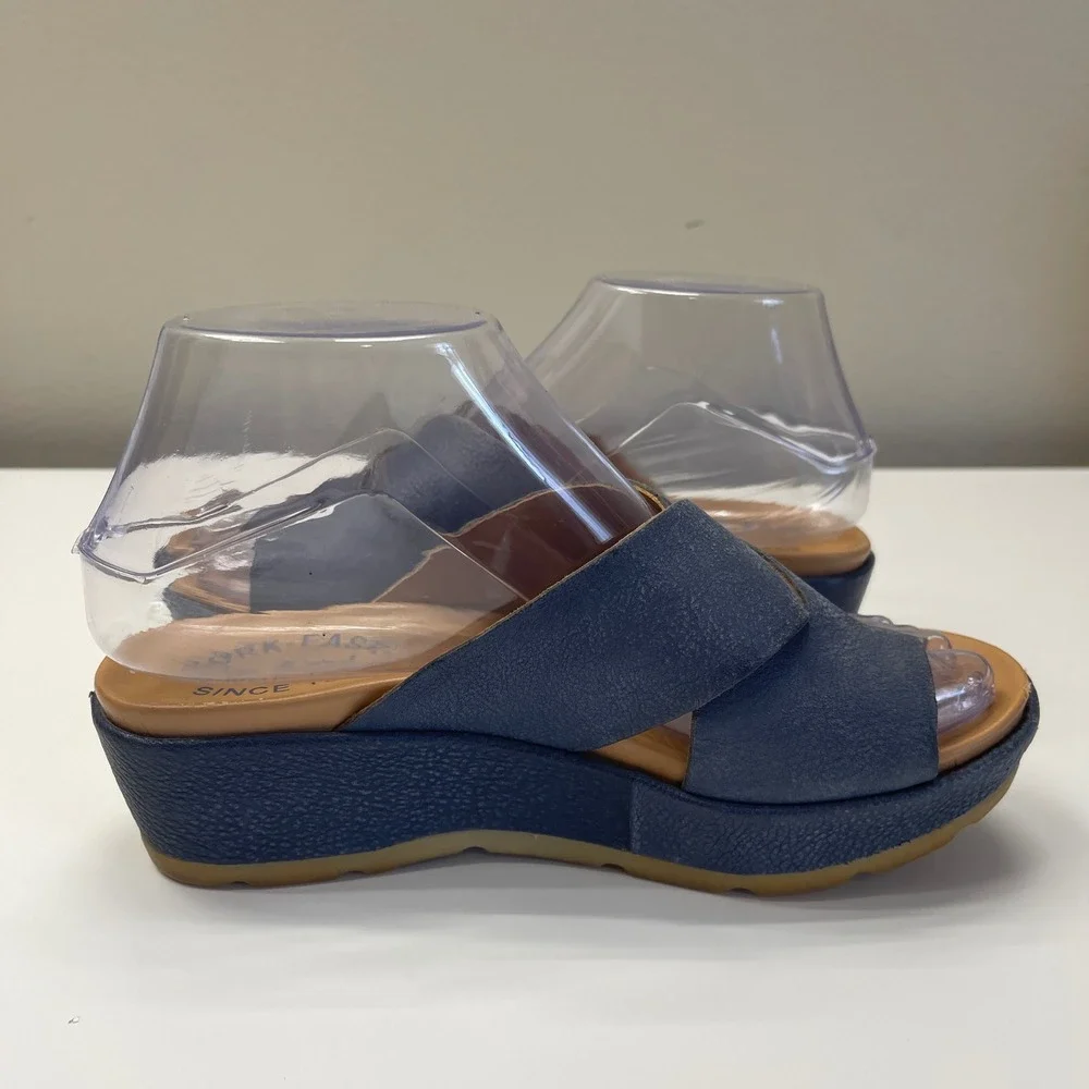 Kork Ease Sandals Womens 6 Baja Sport Blue Leather Platform Wedge Slide Toe Loop